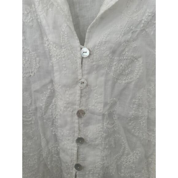 Chico’s White Linen Embroidered Button-Down Blouse Women’s 2 Boho Cottage Top - Picture 2 of 10